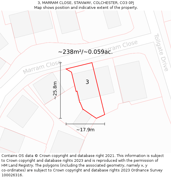 3, MARRAM CLOSE, STANWAY, COLCHESTER, CO3 0PJ: Plot and title map