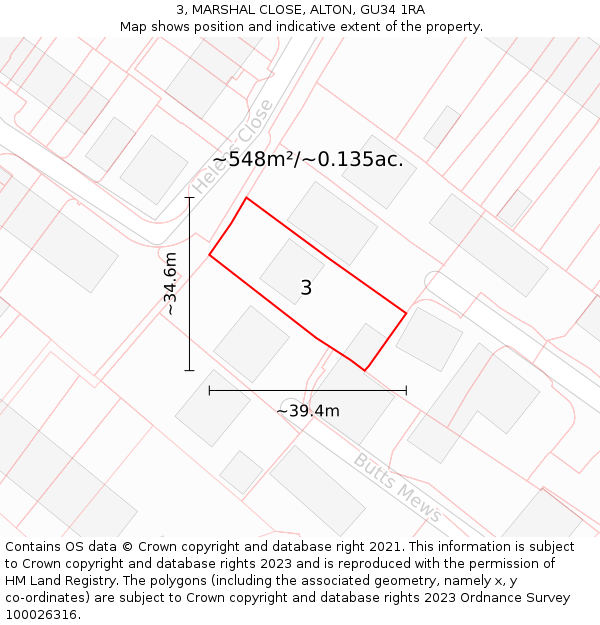 3, MARSHAL CLOSE, ALTON, GU34 1RA: Plot and title map