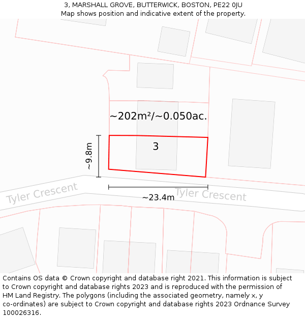 3, MARSHALL GROVE, BUTTERWICK, BOSTON, PE22 0JU: Plot and title map