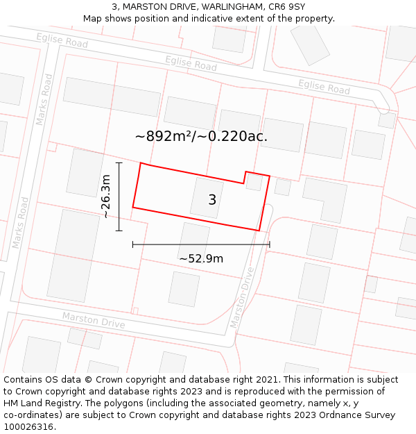 3, MARSTON DRIVE, WARLINGHAM, CR6 9SY: Plot and title map