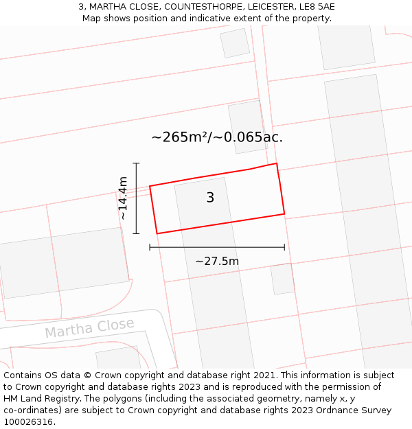 3, MARTHA CLOSE, COUNTESTHORPE, LEICESTER, LE8 5AE: Plot and title map