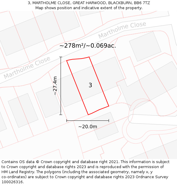 3, MARTHOLME CLOSE, GREAT HARWOOD, BLACKBURN, BB6 7TZ: Plot and title map