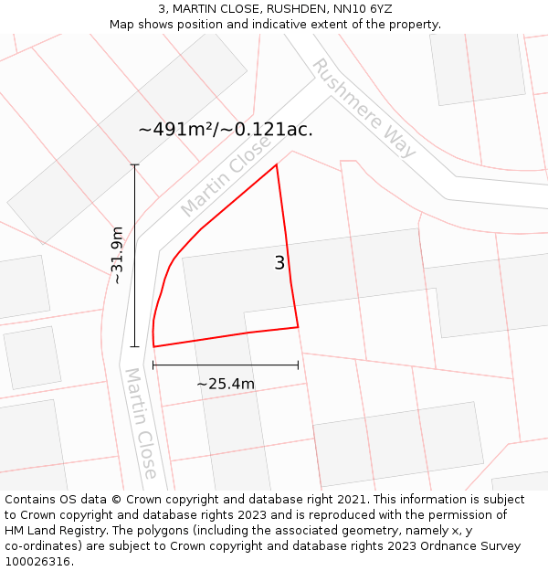 3, MARTIN CLOSE, RUSHDEN, NN10 6YZ: Plot and title map