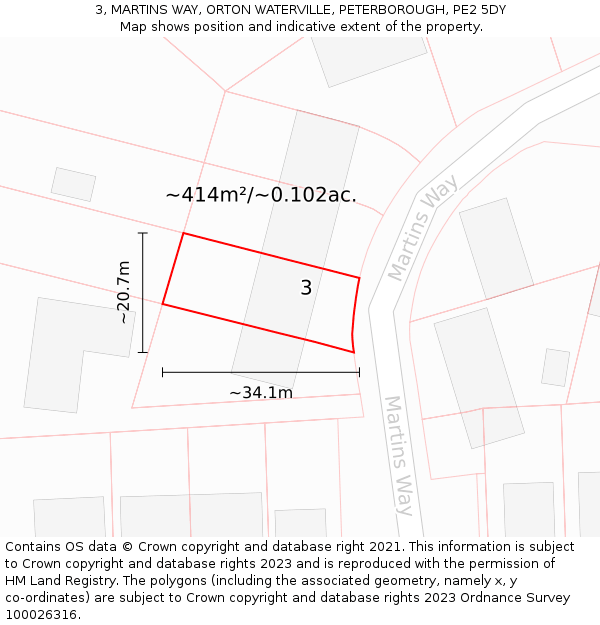 3, MARTINS WAY, ORTON WATERVILLE, PETERBOROUGH, PE2 5DY: Plot and title map