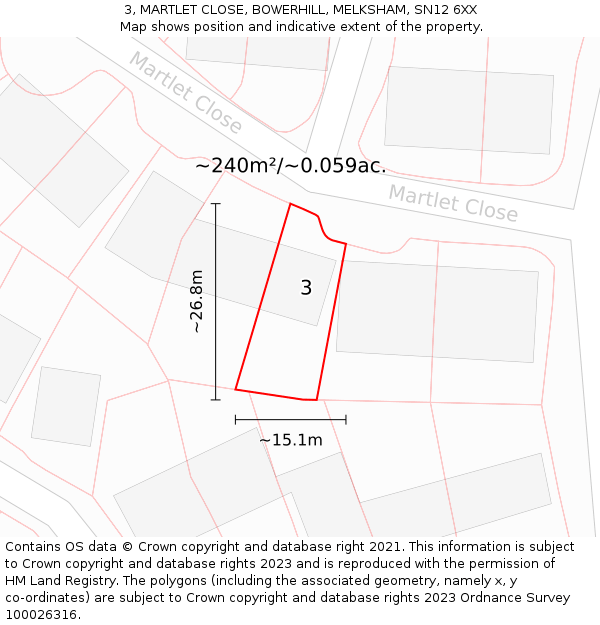 3, MARTLET CLOSE, BOWERHILL, MELKSHAM, SN12 6XX: Plot and title map