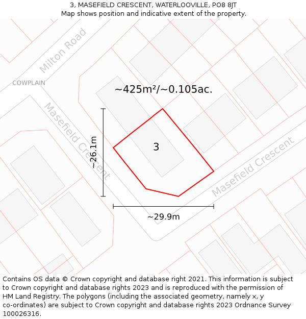 3, MASEFIELD CRESCENT, WATERLOOVILLE, PO8 8JT: Plot and title map