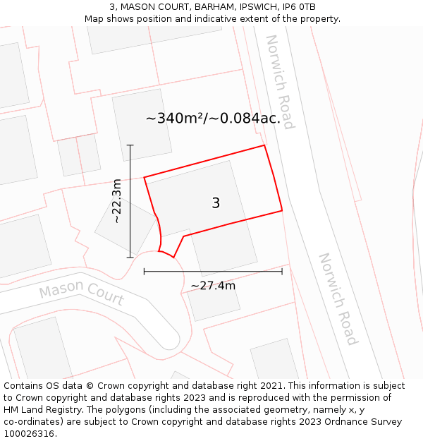 3, MASON COURT, BARHAM, IPSWICH, IP6 0TB: Plot and title map