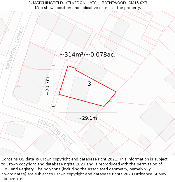 3, MATCHINGFIELD, KELVEDON HATCH, BRENTWOOD, CM15 0XB: Plot and title map