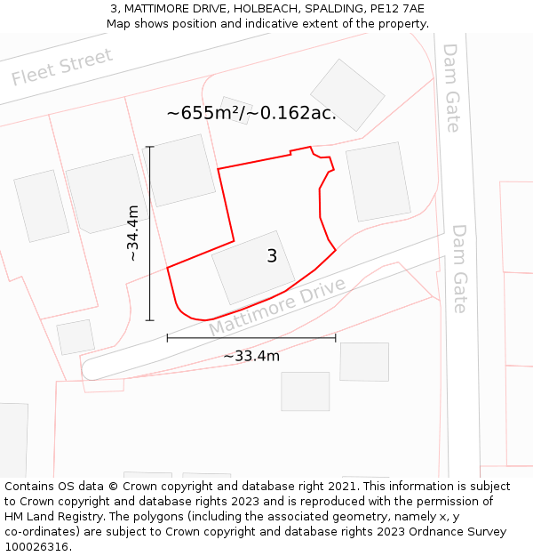 3, MATTIMORE DRIVE, HOLBEACH, SPALDING, PE12 7AE: Plot and title map