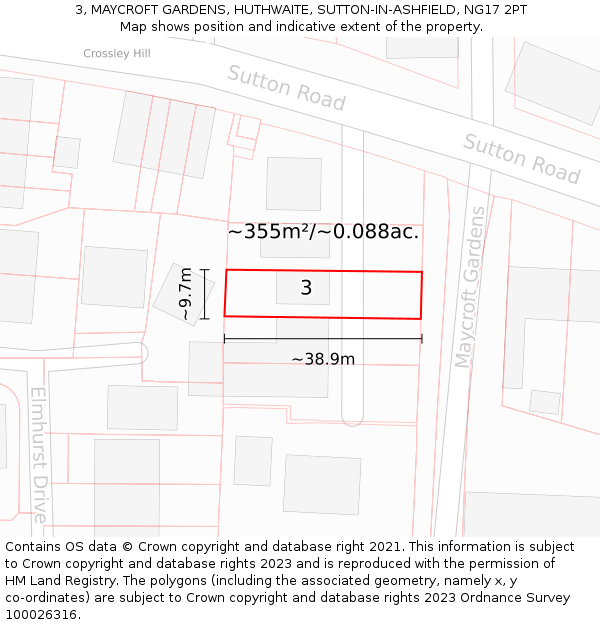 3, MAYCROFT GARDENS, HUTHWAITE, SUTTON-IN-ASHFIELD, NG17 2PT: Plot and title map