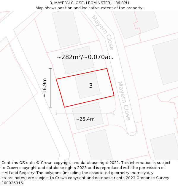 3, MAYERN CLOSE, LEOMINSTER, HR6 8PU: Plot and title map