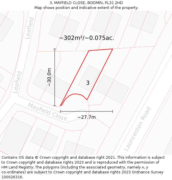 3, MAYFIELD CLOSE, BODMIN, PL31 2HD: Plot and title map
