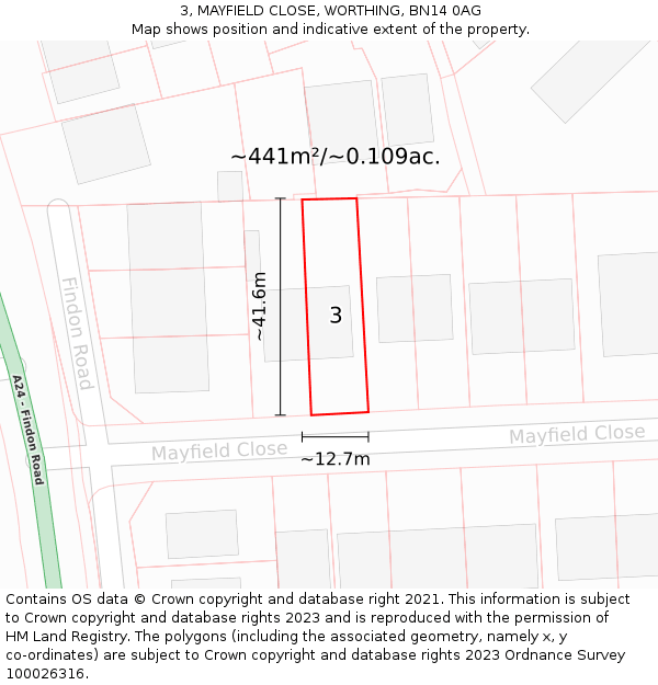 3, MAYFIELD CLOSE, WORTHING, BN14 0AG: Plot and title map