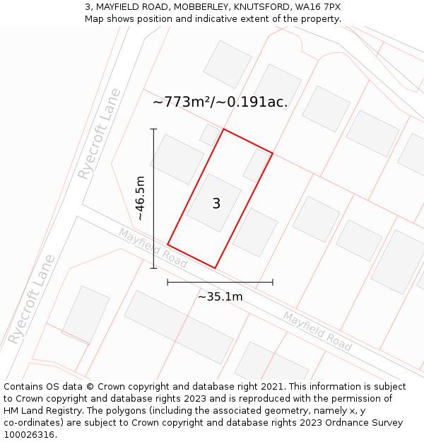 3, MAYFIELD ROAD, MOBBERLEY, KNUTSFORD, WA16 7PX: Plot and title map