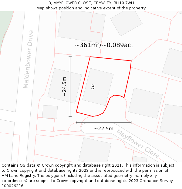 3, MAYFLOWER CLOSE, CRAWLEY, RH10 7WH: Plot and title map