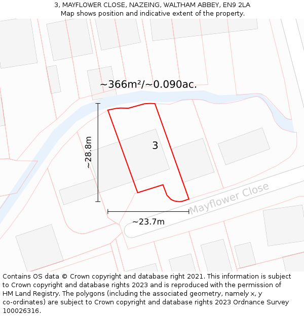 3, MAYFLOWER CLOSE, NAZEING, WALTHAM ABBEY, EN9 2LA: Plot and title map