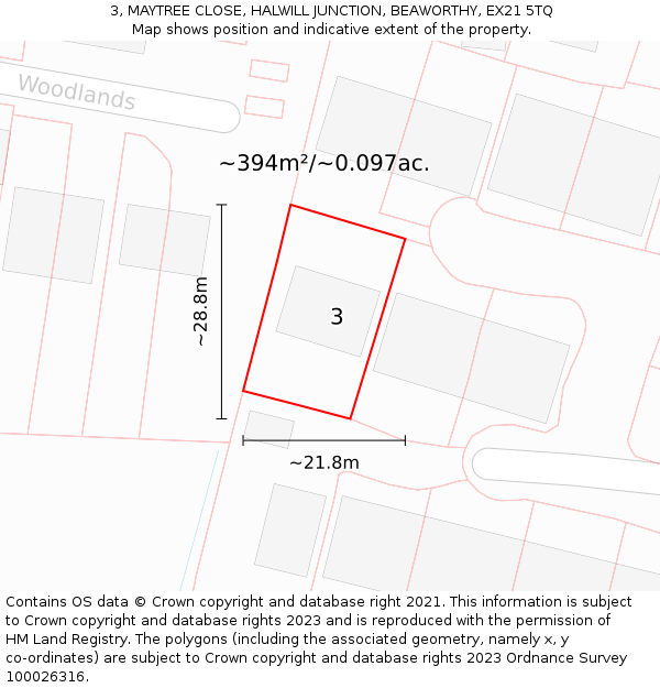 3, MAYTREE CLOSE, HALWILL JUNCTION, BEAWORTHY, EX21 5TQ: Plot and title map