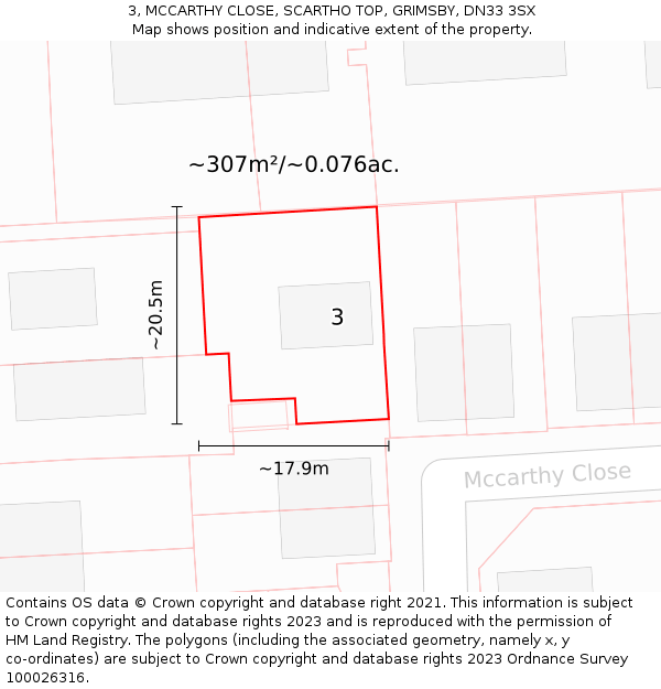 3, MCCARTHY CLOSE, SCARTHO TOP, GRIMSBY, DN33 3SX: Plot and title map