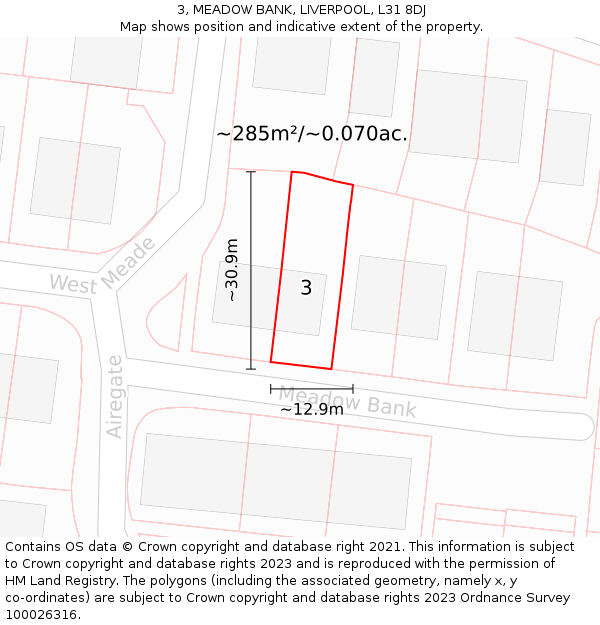 3, MEADOW BANK, LIVERPOOL, L31 8DJ: Plot and title map