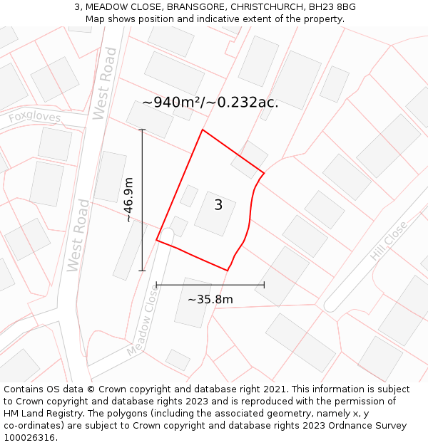 3, MEADOW CLOSE, BRANSGORE, CHRISTCHURCH, BH23 8BG: Plot and title map