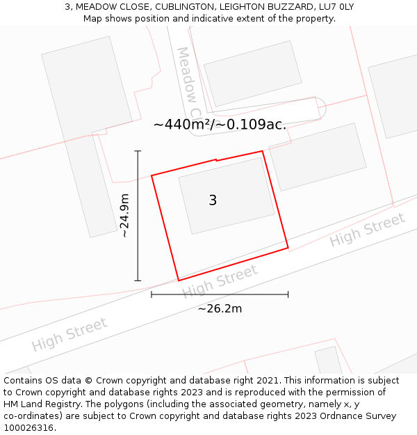 3, MEADOW CLOSE, CUBLINGTON, LEIGHTON BUZZARD, LU7 0LY: Plot and title map