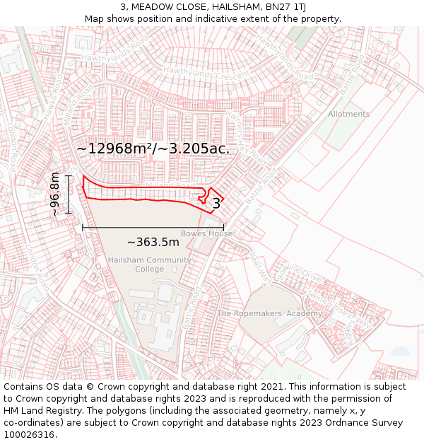 3, MEADOW CLOSE, HAILSHAM, BN27 1TJ: Plot and title map