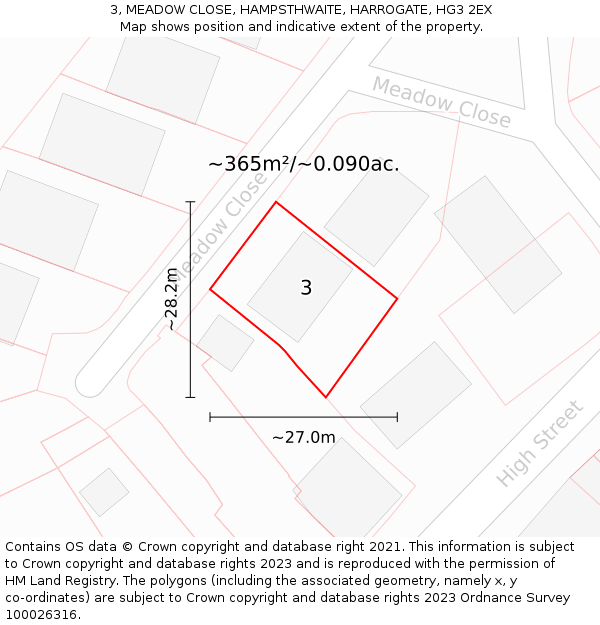 3, MEADOW CLOSE, HAMPSTHWAITE, HARROGATE, HG3 2EX: Plot and title map