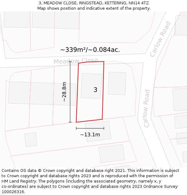 3, MEADOW CLOSE, RINGSTEAD, KETTERING, NN14 4TZ: Plot and title map