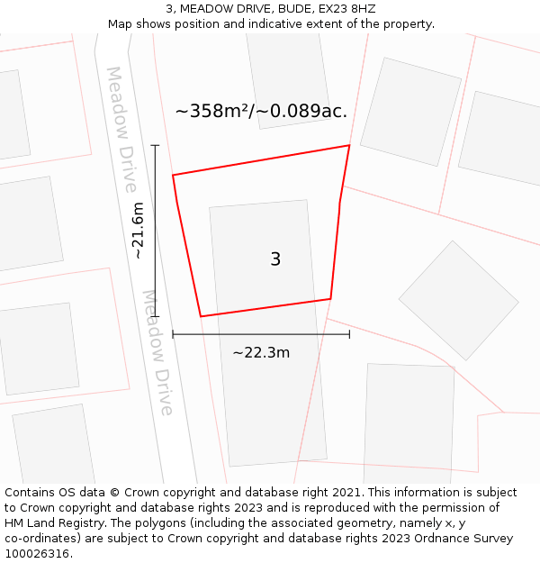 3, MEADOW DRIVE, BUDE, EX23 8HZ: Plot and title map