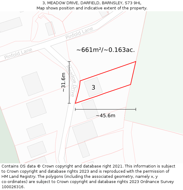 3, MEADOW DRIVE, DARFIELD, BARNSLEY, S73 9HL: Plot and title map