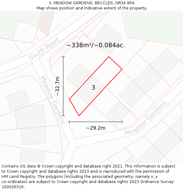 3, MEADOW GARDENS, BECCLES, NR34 9PA: Plot and title map