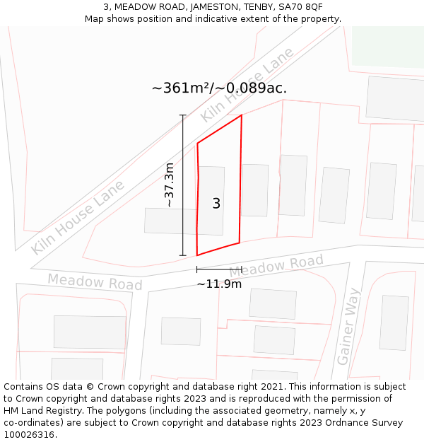3, MEADOW ROAD, JAMESTON, TENBY, SA70 8QF: Plot and title map