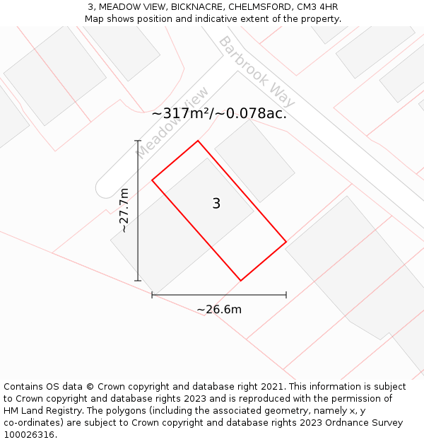 3, MEADOW VIEW, BICKNACRE, CHELMSFORD, CM3 4HR: Plot and title map