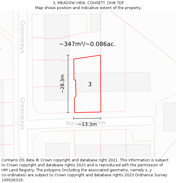 3, MEADOW VIEW, CONSETT, DH8 7DF: Plot and title map