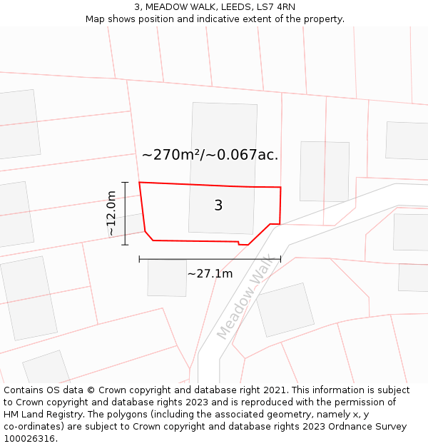 3, MEADOW WALK, LEEDS, LS7 4RN: Plot and title map