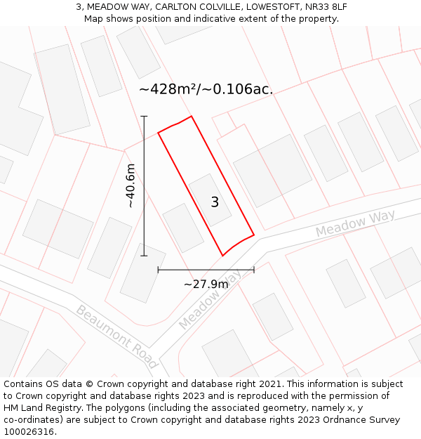 3, MEADOW WAY, CARLTON COLVILLE, LOWESTOFT, NR33 8LF: Plot and title map