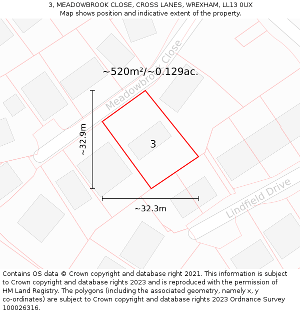 3, MEADOWBROOK CLOSE, CROSS LANES, WREXHAM, LL13 0UX: Plot and title map