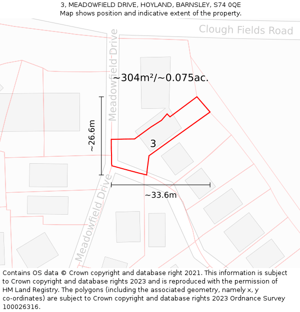 3, MEADOWFIELD DRIVE, HOYLAND, BARNSLEY, S74 0QE: Plot and title map