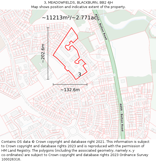 3, MEADOWFIELDS, BLACKBURN, BB2 4JH: Plot and title map