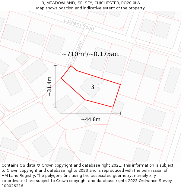 3, MEADOWLAND, SELSEY, CHICHESTER, PO20 0LA: Plot and title map