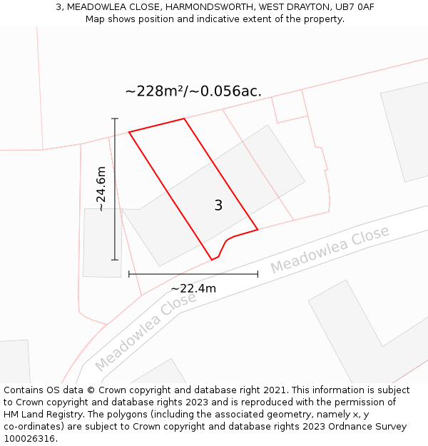 3, MEADOWLEA CLOSE, HARMONDSWORTH, WEST DRAYTON, UB7 0AF: Plot and title map