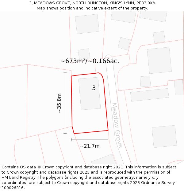 3, MEADOWS GROVE, NORTH RUNCTON, KING'S LYNN, PE33 0XA: Plot and title map