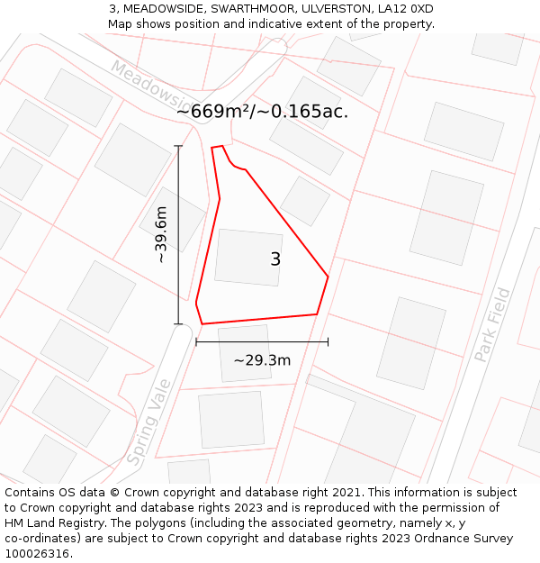 3, MEADOWSIDE, SWARTHMOOR, ULVERSTON, LA12 0XD: Plot and title map