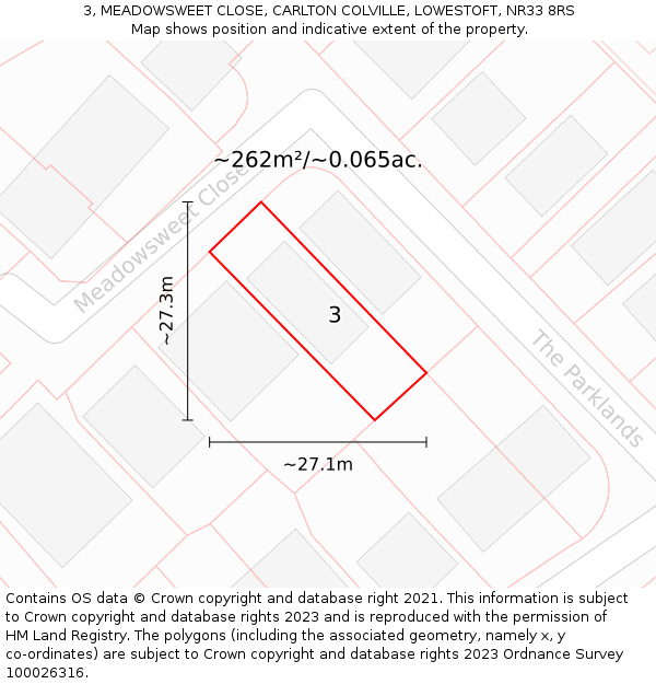 3, MEADOWSWEET CLOSE, CARLTON COLVILLE, LOWESTOFT, NR33 8RS: Plot and title map