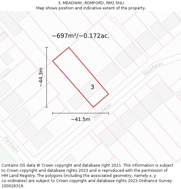 3, MEADWAY, ROMFORD, RM2 5NU: Plot and title map