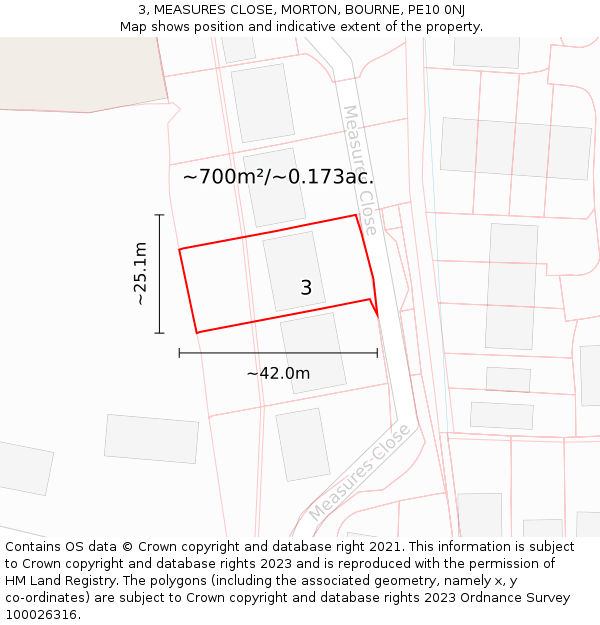 3, MEASURES CLOSE, MORTON, BOURNE, PE10 0NJ: Plot and title map