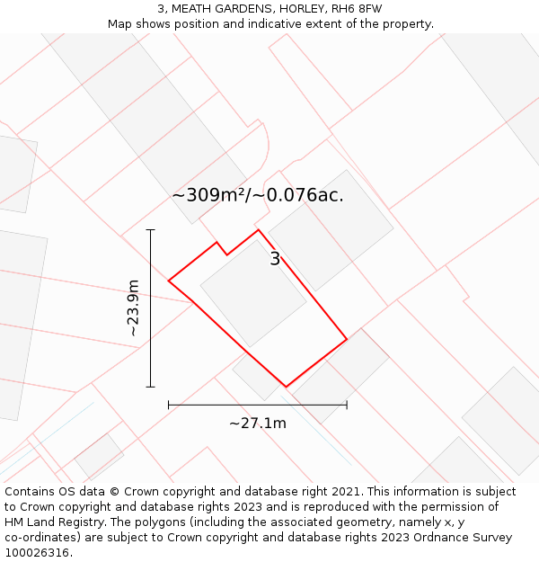3, MEATH GARDENS, HORLEY, RH6 8FW: Plot and title map