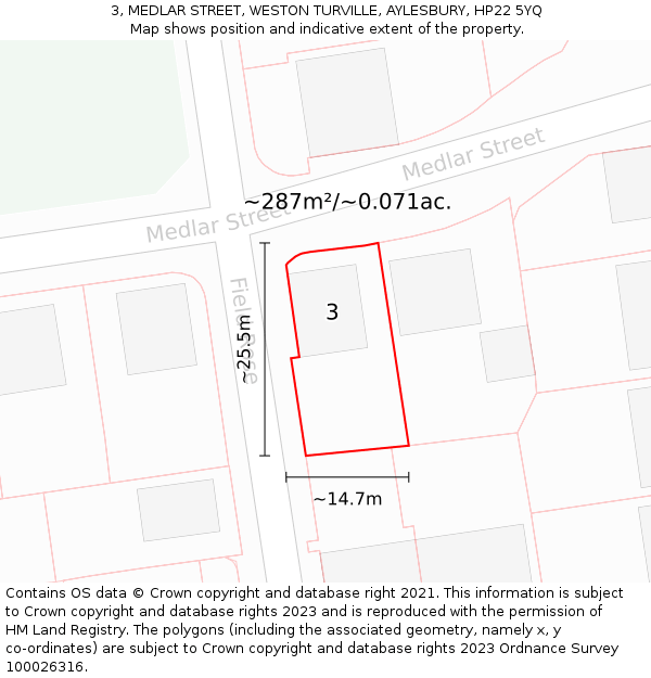 3, MEDLAR STREET, WESTON TURVILLE, AYLESBURY, HP22 5YQ: Plot and title map