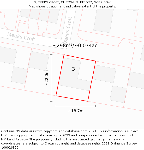 3, MEEKS CROFT, CLIFTON, SHEFFORD, SG17 5GW: Plot and title map