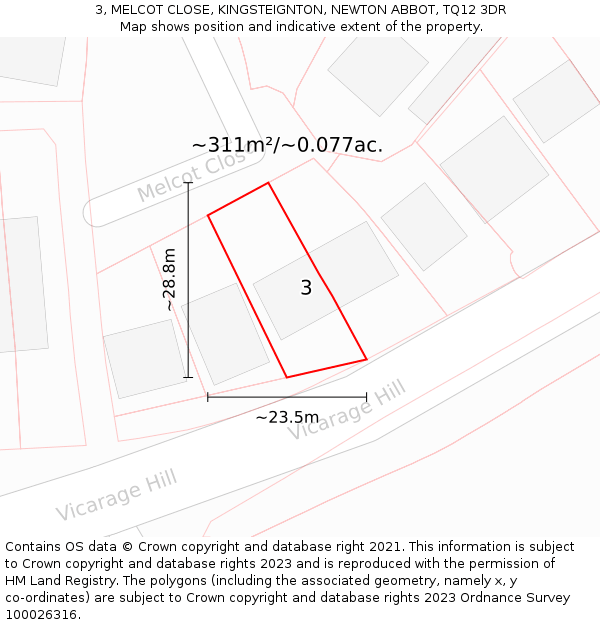 3, MELCOT CLOSE, KINGSTEIGNTON, NEWTON ABBOT, TQ12 3DR: Plot and title map